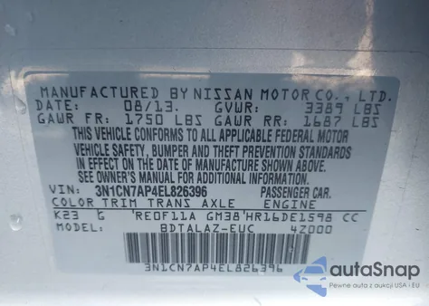 2014 Nissan Versa 1.6 S+ из США, поврежденный, VIN 3N1CN7AP4EL826396